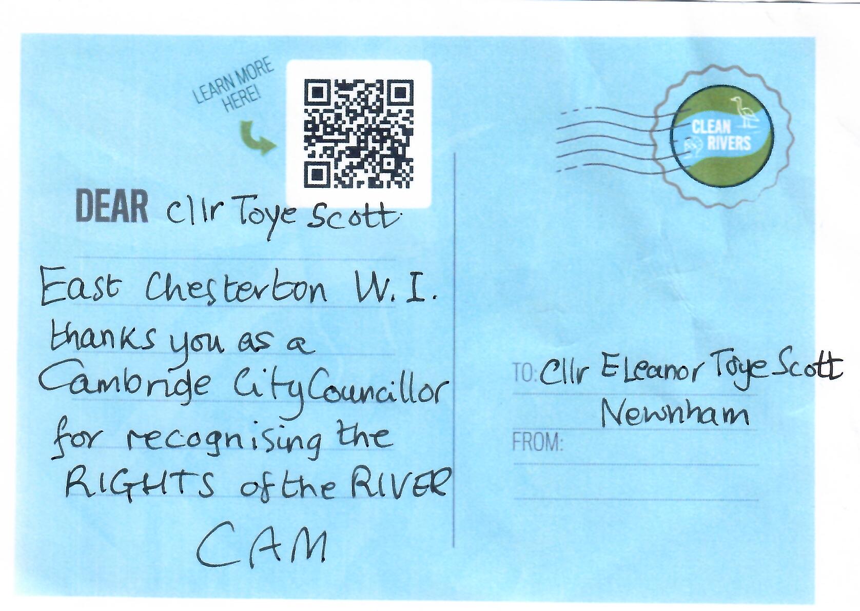A blue Clean Rivers postcard addressed to Councillor Eleanor Toye Scott. The handwritten message reads: East Chesterton W.I. thanks you as a Cambridge City Councillor for recognising the rights of the River Cam.
